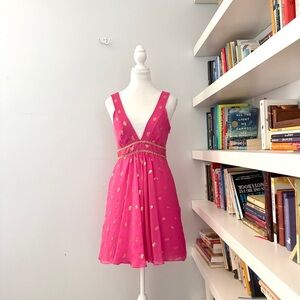 Milly of NY Vibrant Silk Pink and gold mini v-neck Dress sz 6 small
